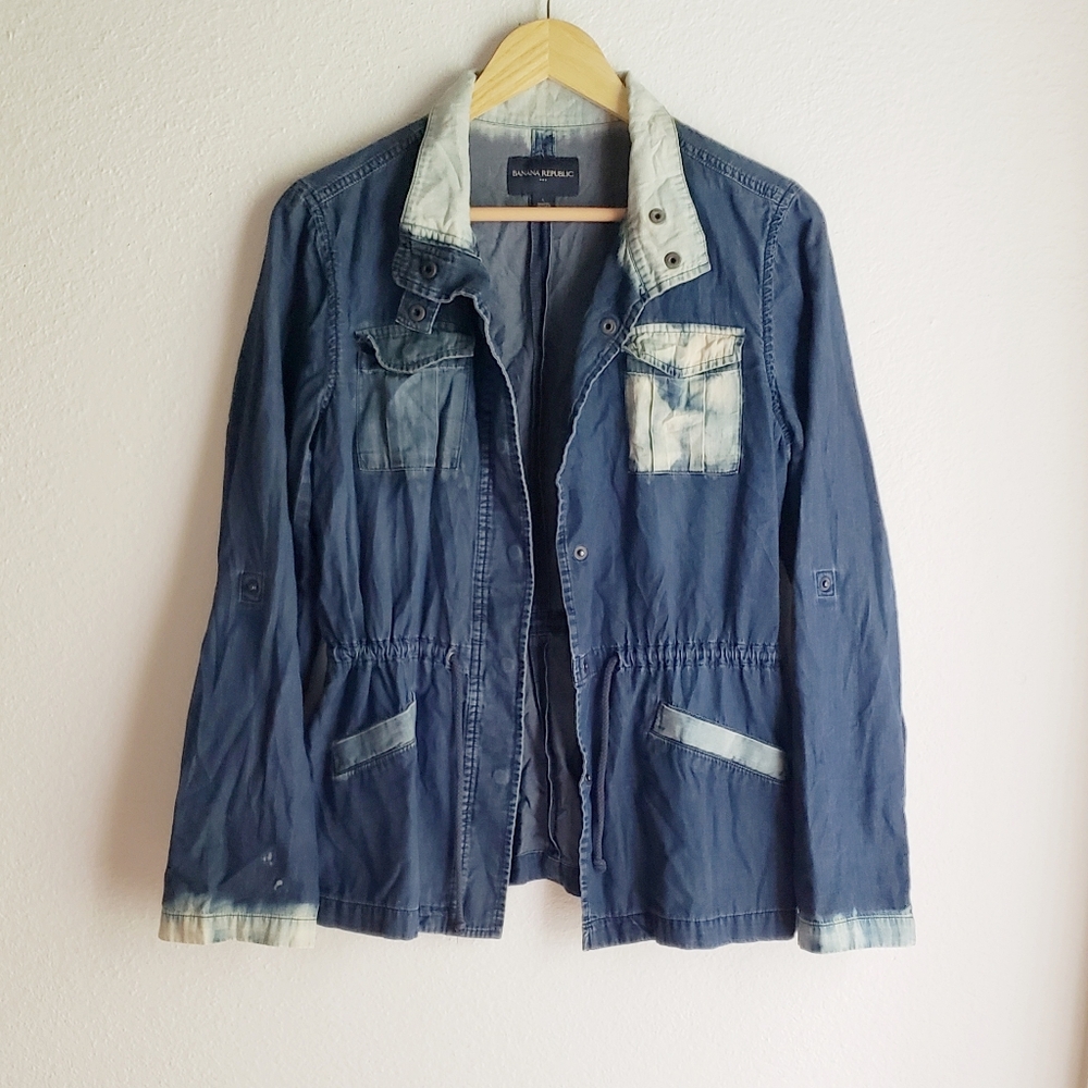 Banana Republic Dark Denim Jacket Bleach Dyed Mixed Media Cotton Large